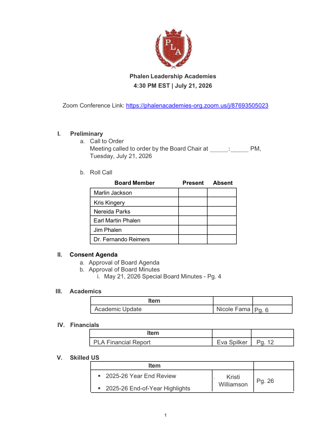 PLA Board Meeting Agenda Page 1
